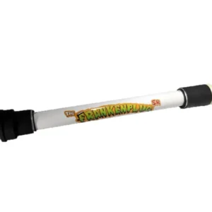 A white garden hose with black connectors and a decorative label.